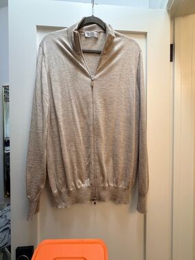 Brunello Cucinelli Light Beige Cashmere Silk Full-Zip Men's Sweater - Size 56